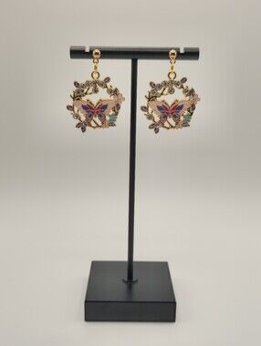 Hand Crafted Gold-Tone Butterfly Floral Drop Earrings